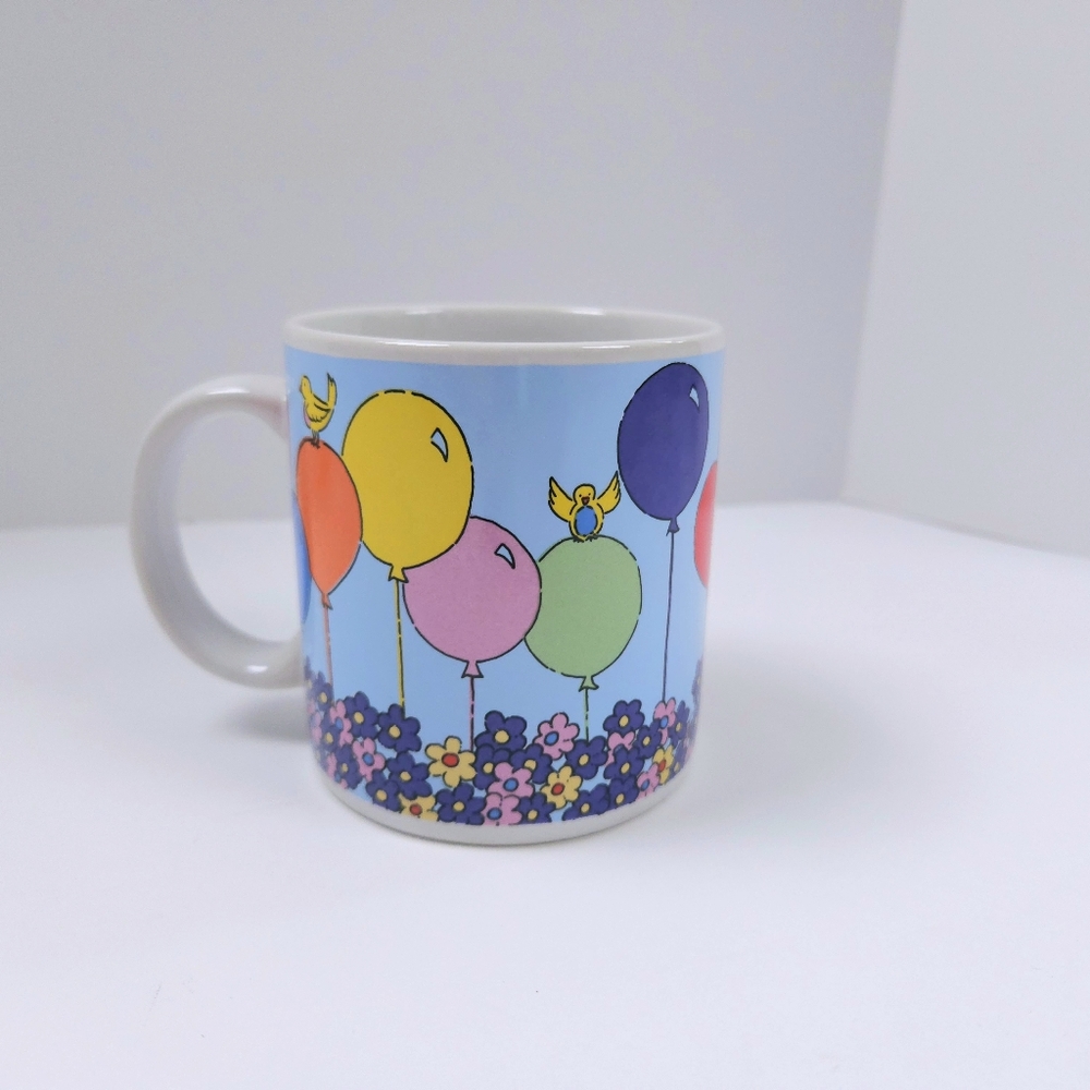 Russ Berrie Vintage Happy Birthday Mug Balloons Flowers Birds 14oz Cup Ceramic - Picture 3 of 10